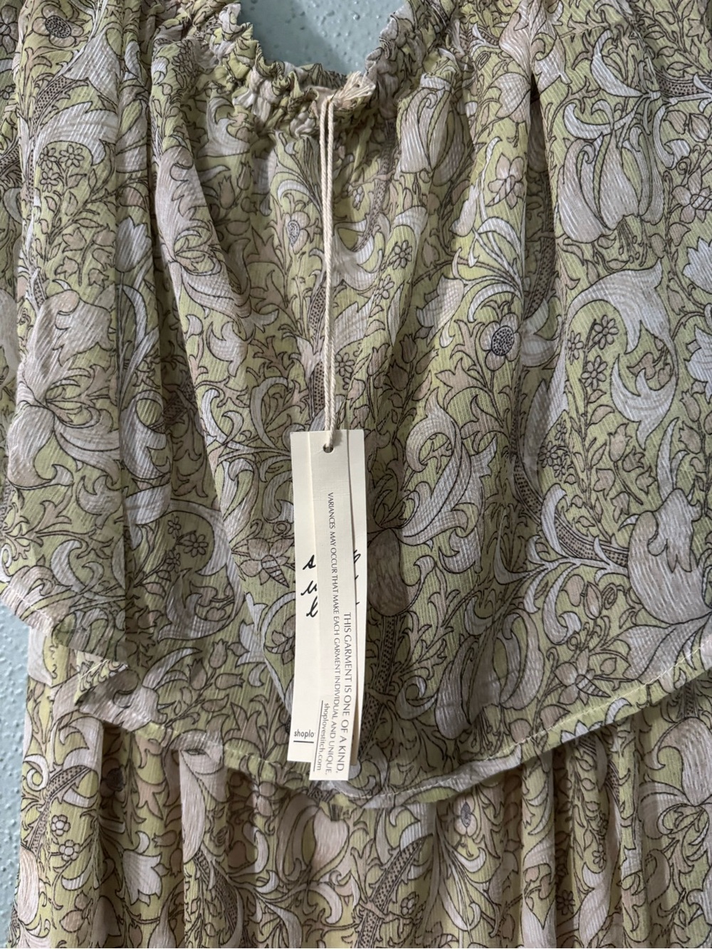 NWT Love Stitch Boho Paisley Maxi Dress Sage Green Puff Sleeve Tiered - Picture 4 of 7